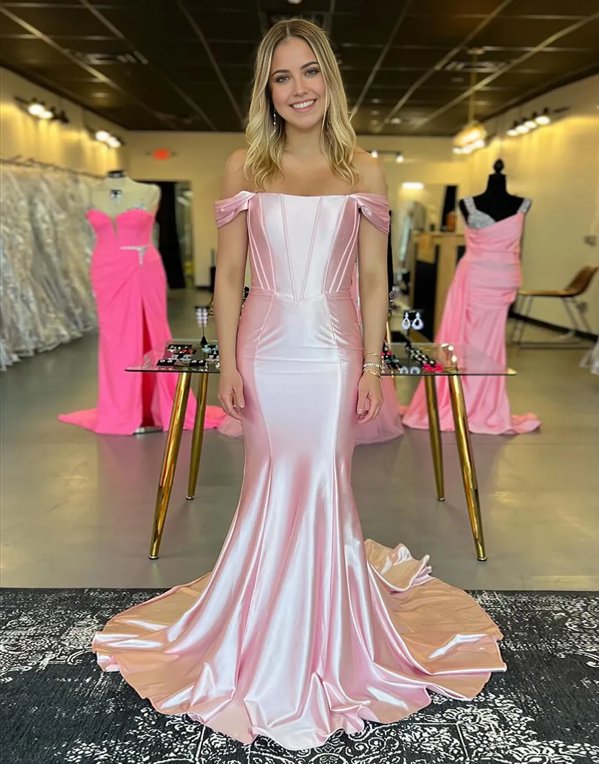 Mermaid Off the Shoulder Corset Satin Light Pink Long formal dresses Bridesmaid Dresses evening gown Prom Dress