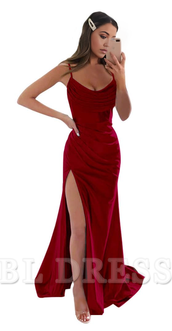 Mermaid Spaghetti Straps Ruched Satin Long formal dresses Bridesmaid Dresses evening gown Prom Dress with Slit