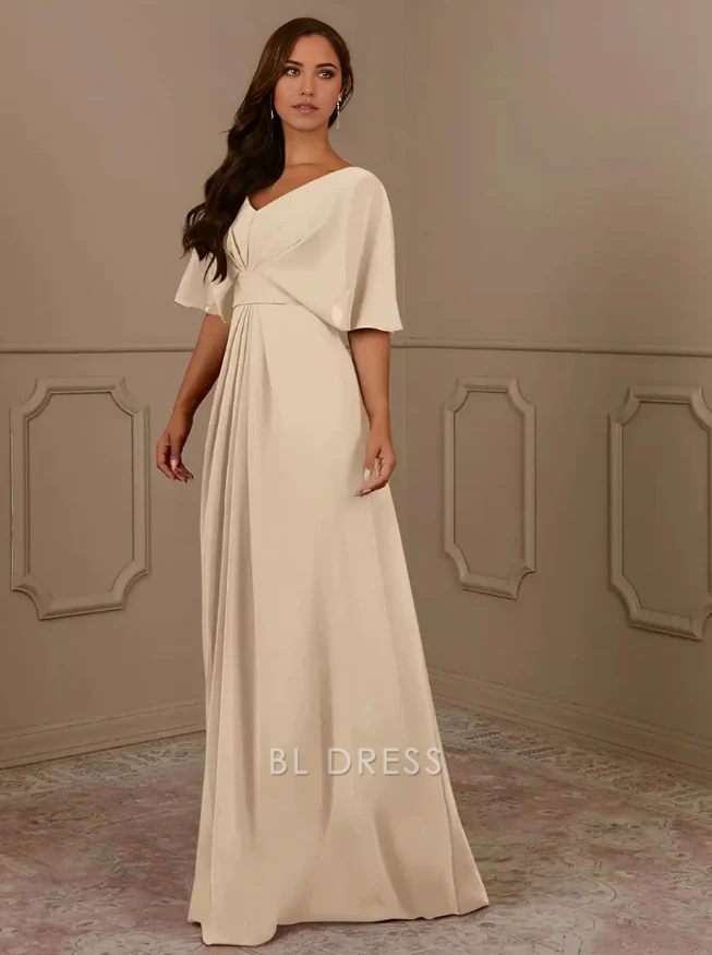 A-Line V-Neck Short Sleeves Chiffon Pleated Wedding Guest Dresses Mother of the Bride Dresse