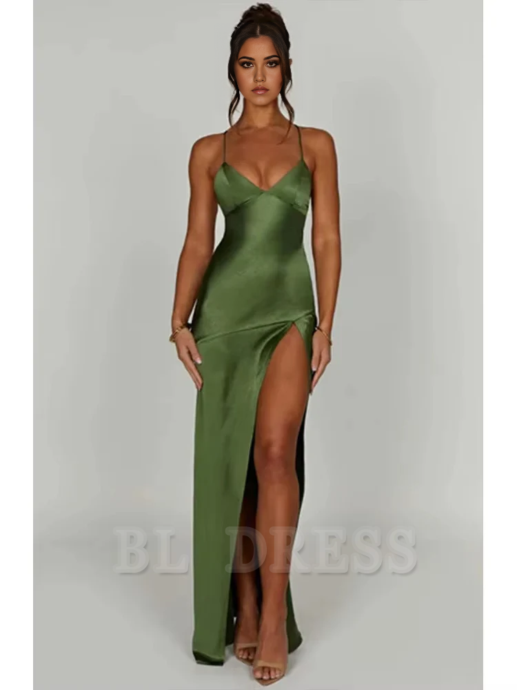 Elegant Spaghetti Strap Backless Lace-Up Split Satin formal dresses Bridesmaid Dresses evening gown Prom Dress