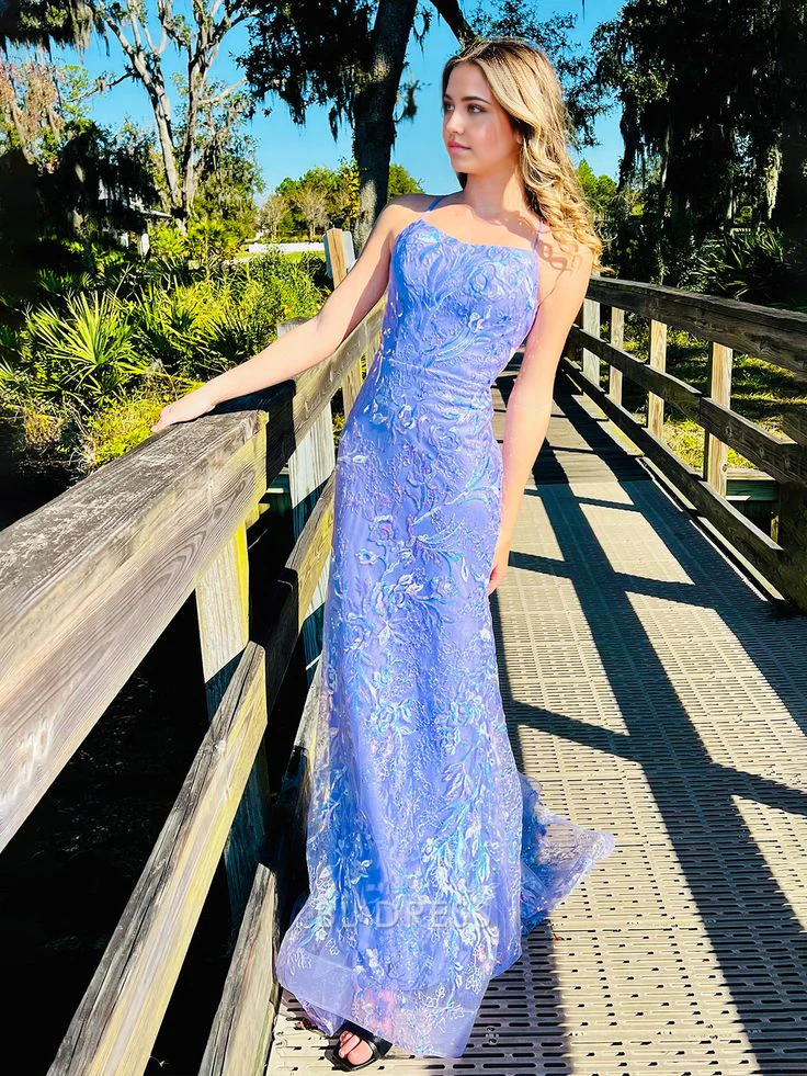 Mermaid Spagehtti Straps Lilac Lace Sequin Long formal dresses Bridesmaid Dresses evening gown Prom Dress