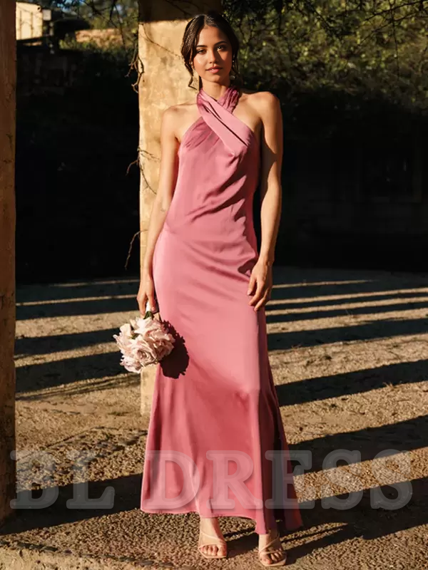 Mermaid Halter Satin Floor-Length formal dresses Bridesmaid Dresses evening gown Prom Dress