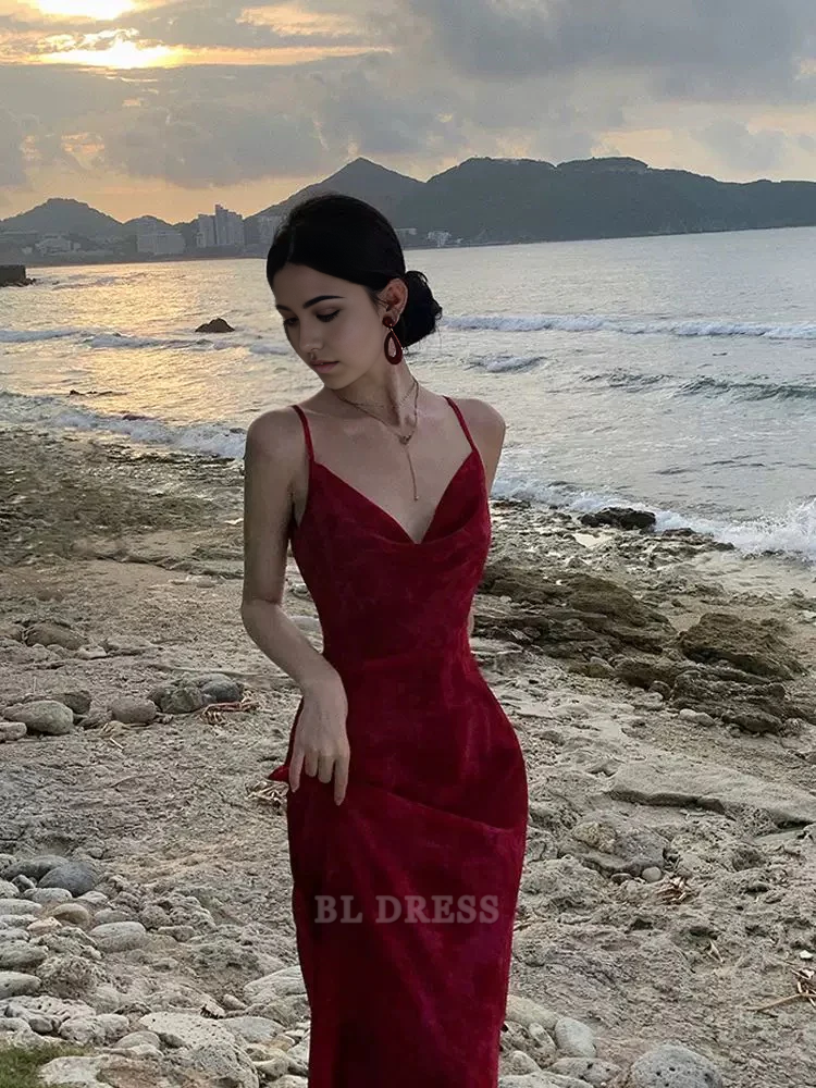 Sheath Spaghetti Straps Burgundy formal dresses Bridesmaid Dresses evening gown Prom Dress