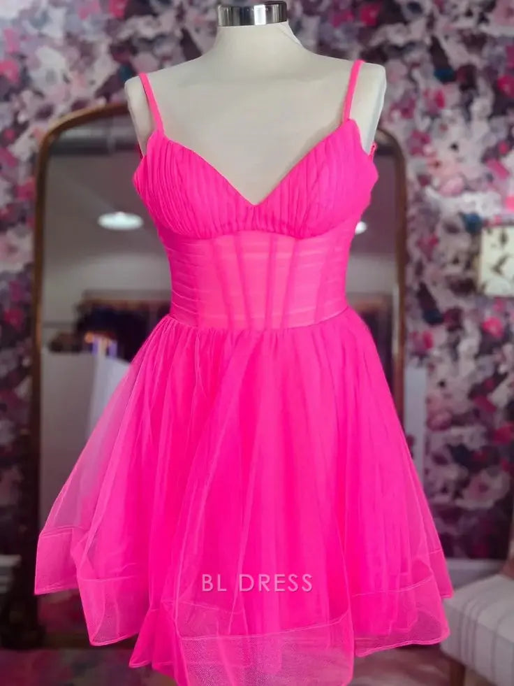 A-Linie V-Ausschnitt Kurzes Pink Homecoming-Kleid Abendkleider Brautjungfernkleider Abendkleid Ballkleid