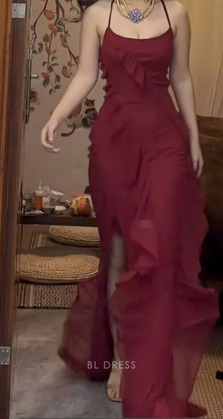 Sheath Ruffle Lace Up Back Burgundy formal dresses Bridesmaid Dresses evening gown Prom Dress