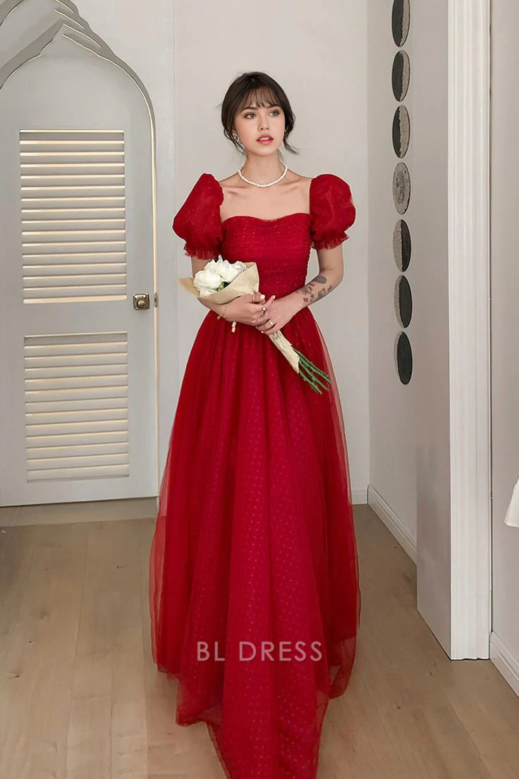 A Line Sweetheart Pretty Red Tulle formal dresses Bridesmaid Dresses evening gown Prom Dress