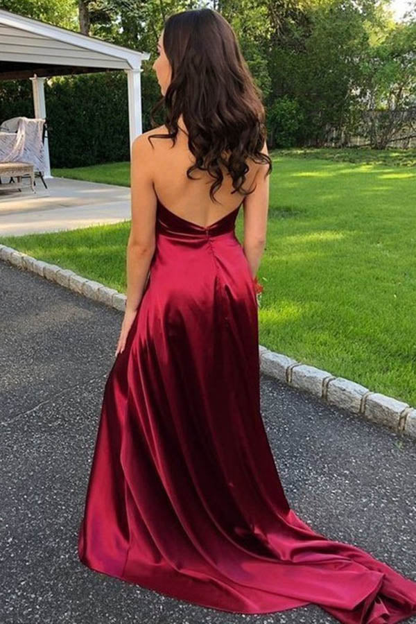 A-Line V-neck Satin Spaghetti Straps Sweep Train Prom Dress With Slit