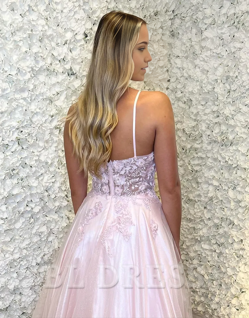 A-Line Halter Laced Top Tulle Pink Long formal dresses Bridesmaid Dresses evening gown Prom Dress