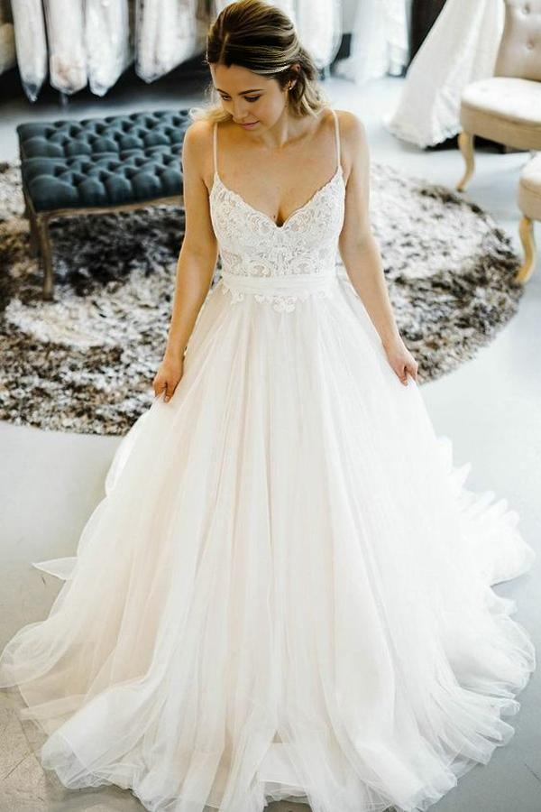 A-line Romantic Princess Style Wedding Dresses with Spaghetti Straps