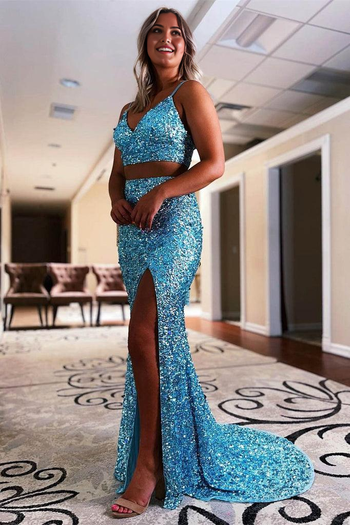 Mermaid Two Piece Orange Sequins Long Prom Formal Dress