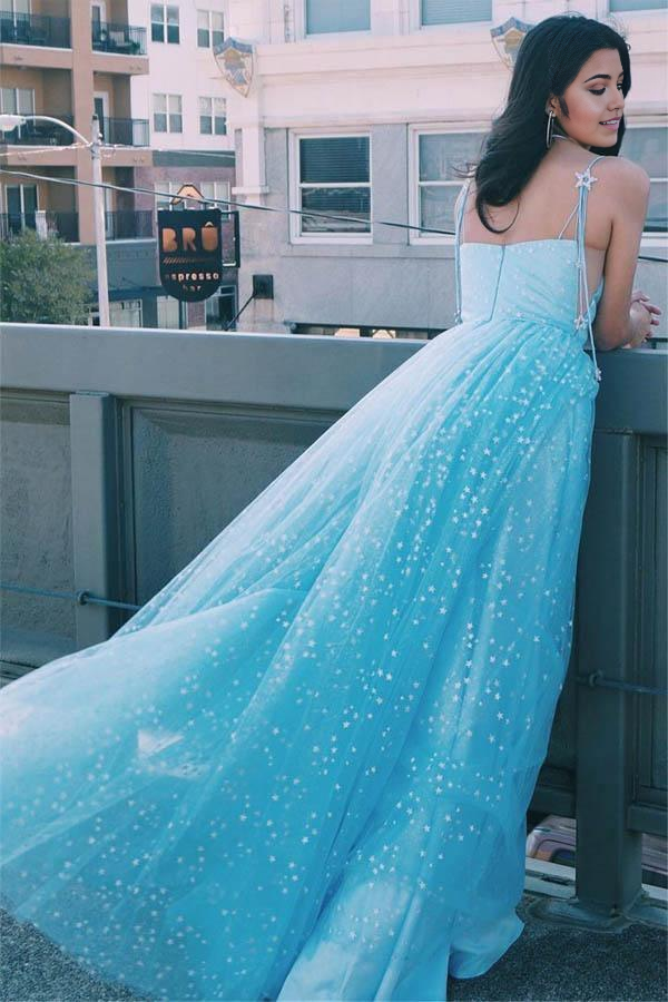 A-Line Elegant Straps Light Blue Long Prom Dress with Stars
