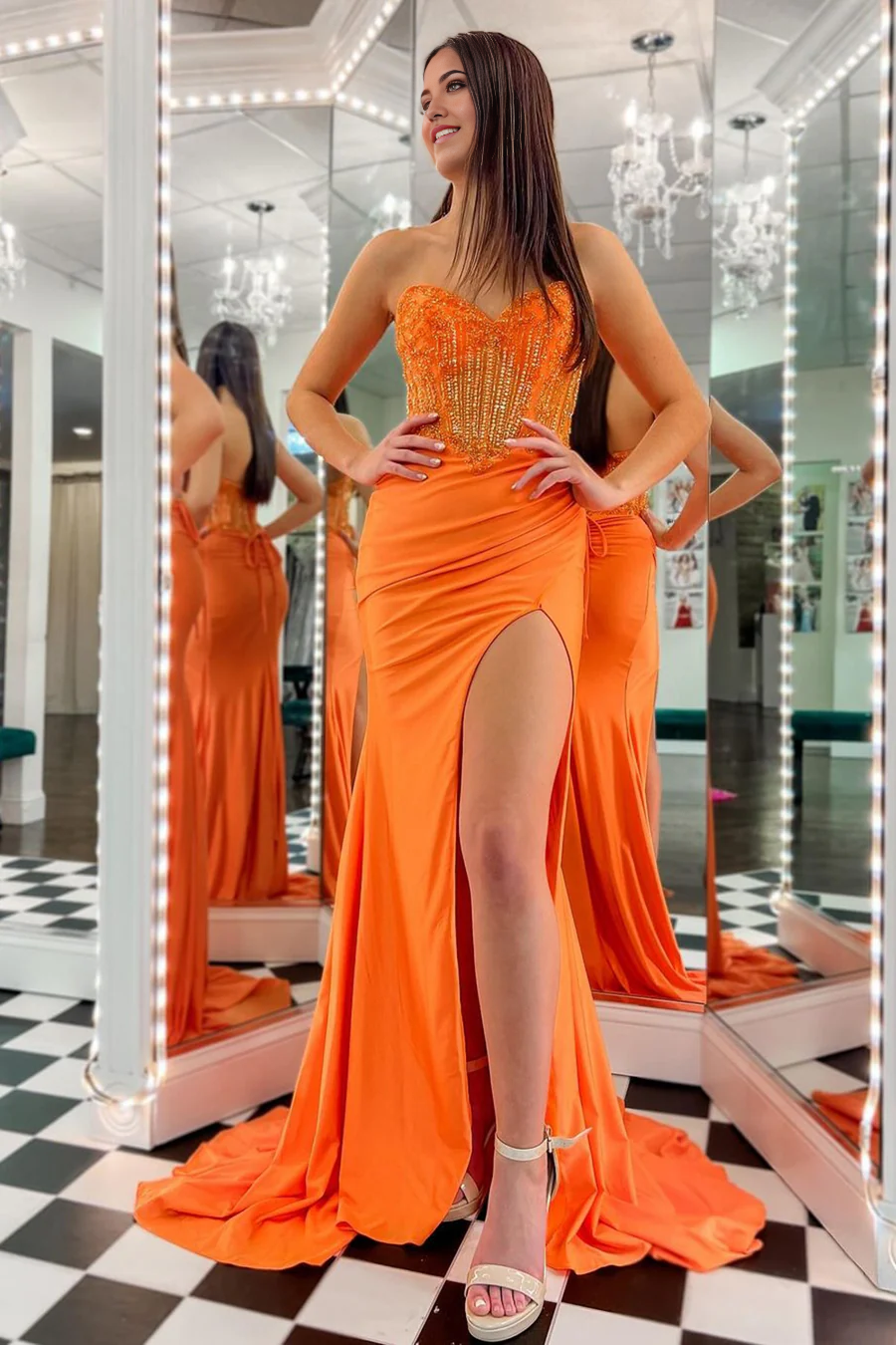 Mermaid Charming Sweetheart Orange Slit formal dresses evening gown Prom Dresses with Beading