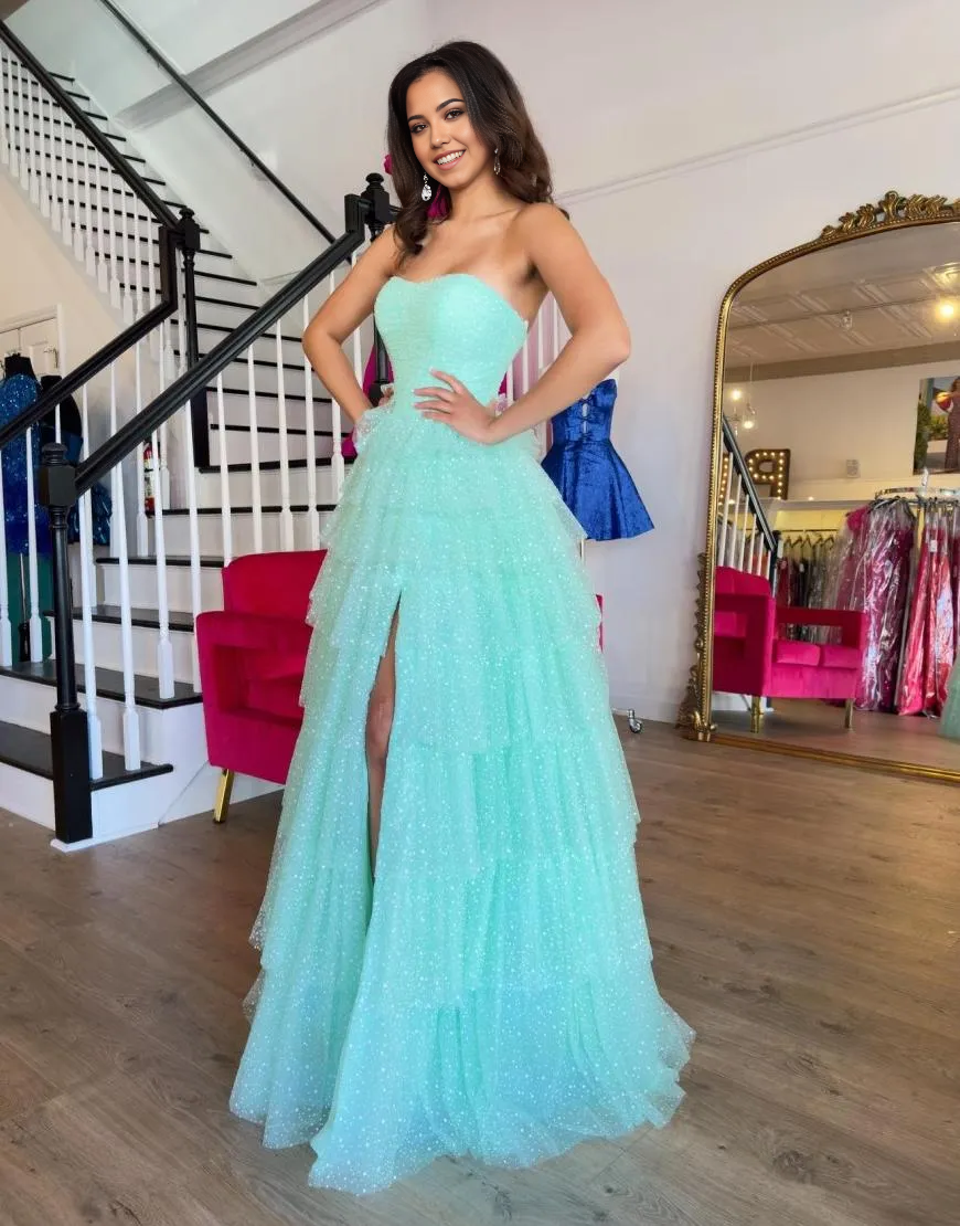 A-Line Strapless Ruffles Tulle Sky Blue Long formal dresses evening gown Prom Dress with Slit