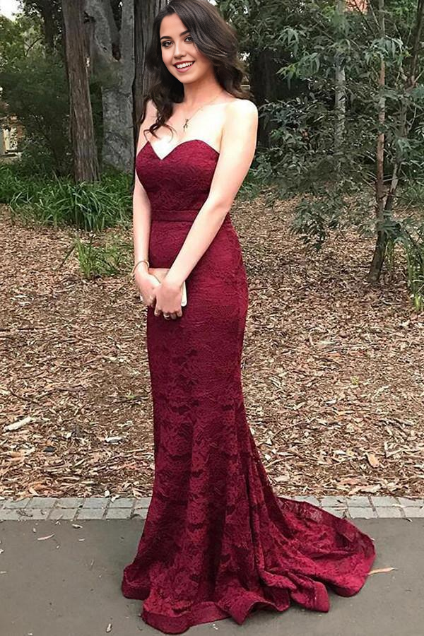 Mermaid Sweetheart Sweep Train Burgundy Lace formal dresses Prom Dress