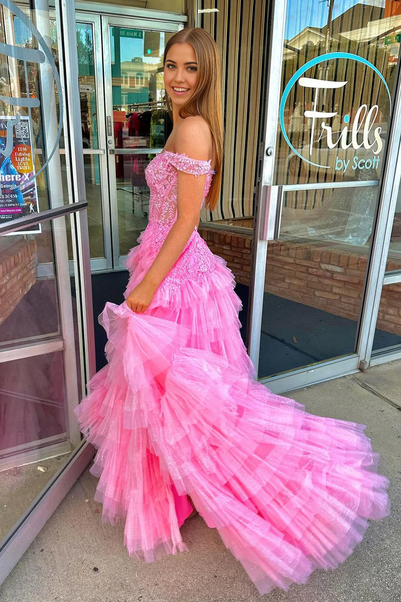 A Line Off the Shoulder Charming Pink Tiered Tulle Prom Dress