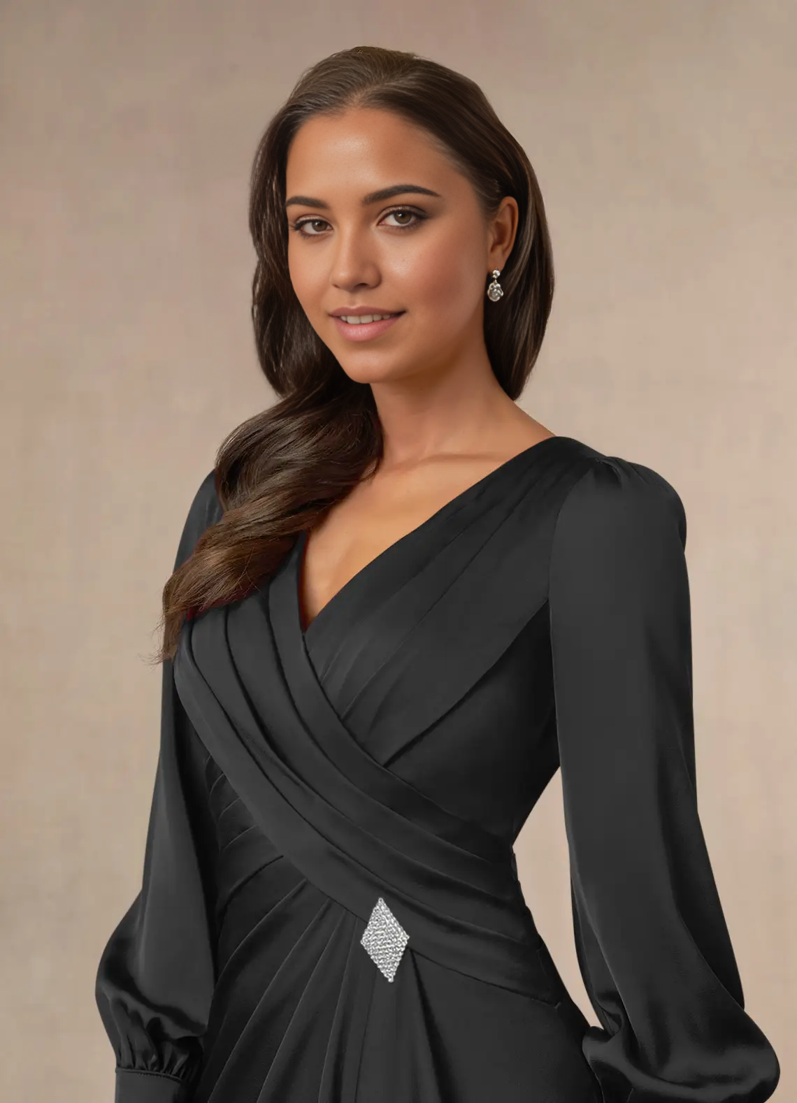 Mermaid V-Neck Pleated Long Sleeve Black formal dresses evening dress Mother of the Bride Dresses