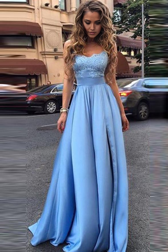 A-line Simple Strapless Lace Sweetheart Long Prom Dresses
