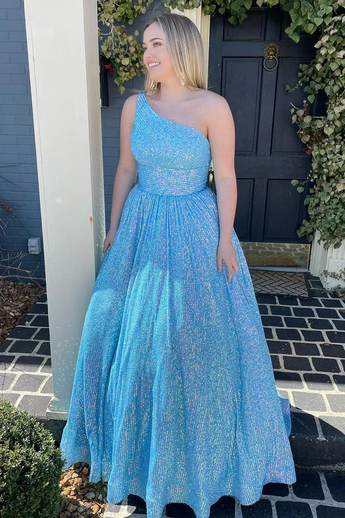A Line Sparkly Plus Size One Shoulder Sequins Prom Dress