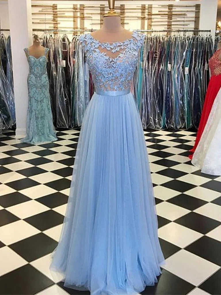 A Line Round Neck Lace Appliques Tulle Long Prom Dresses Lace Graduation Evening Formal Dresses