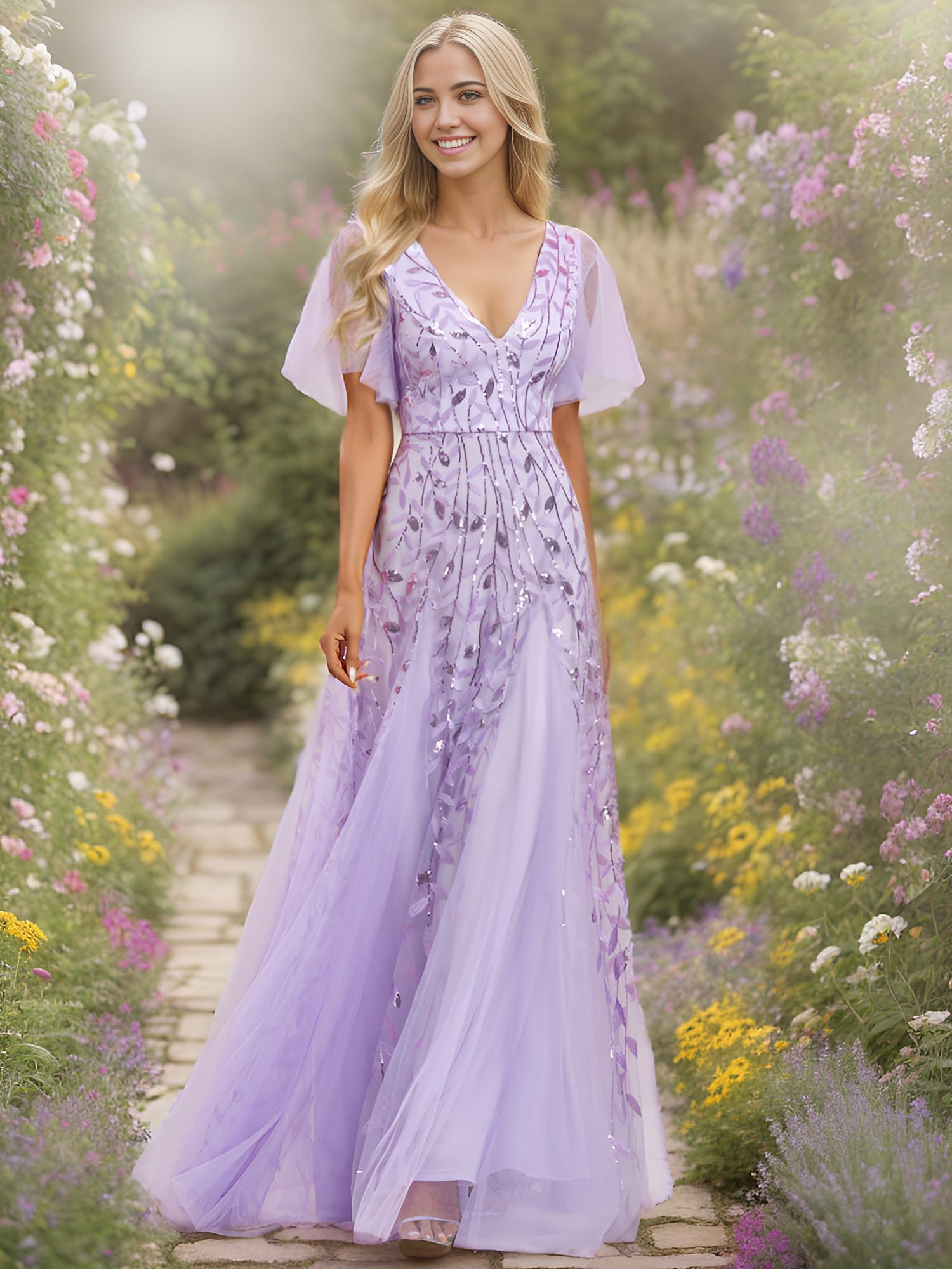 A-line V-Neck Sequin Sparkly Short Sleeve formal dresses evening gown Prom Dress