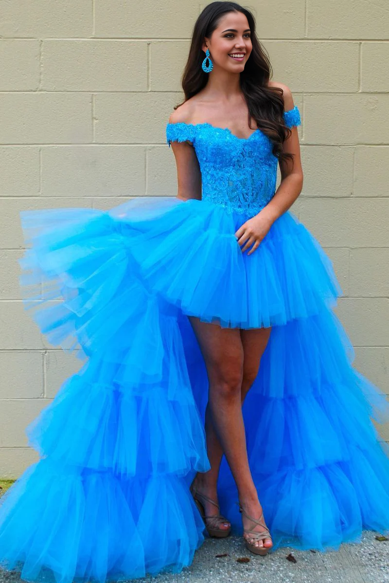 A-line Stunning Off the Shoulder Blue Tulle High Low Long Prom Dresses
