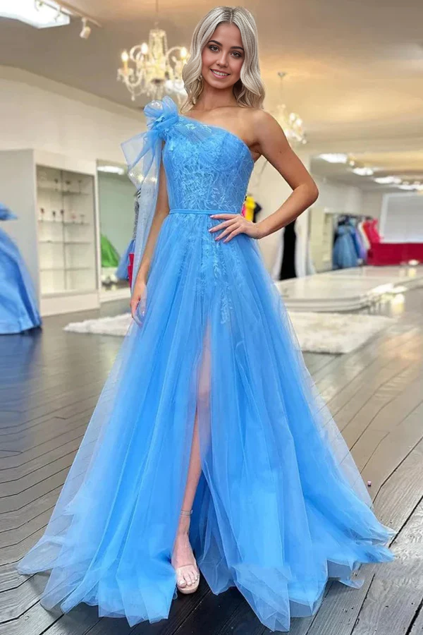 A-line One Shoulder Lace Long Prom Dresses with Slit
