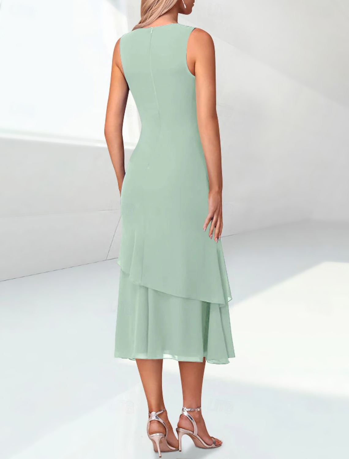Sheath / Column Mother of the Bride Dress Elegant Jewel Neck Tea Length Chiffon 3/4 Length Sleeve Wrap Included with Ruching free custom size