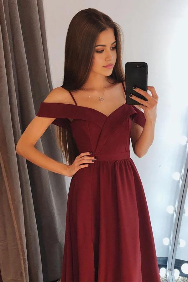 A Line Charming Off the Shoulder Burgundy Satin Long Prom Dresses