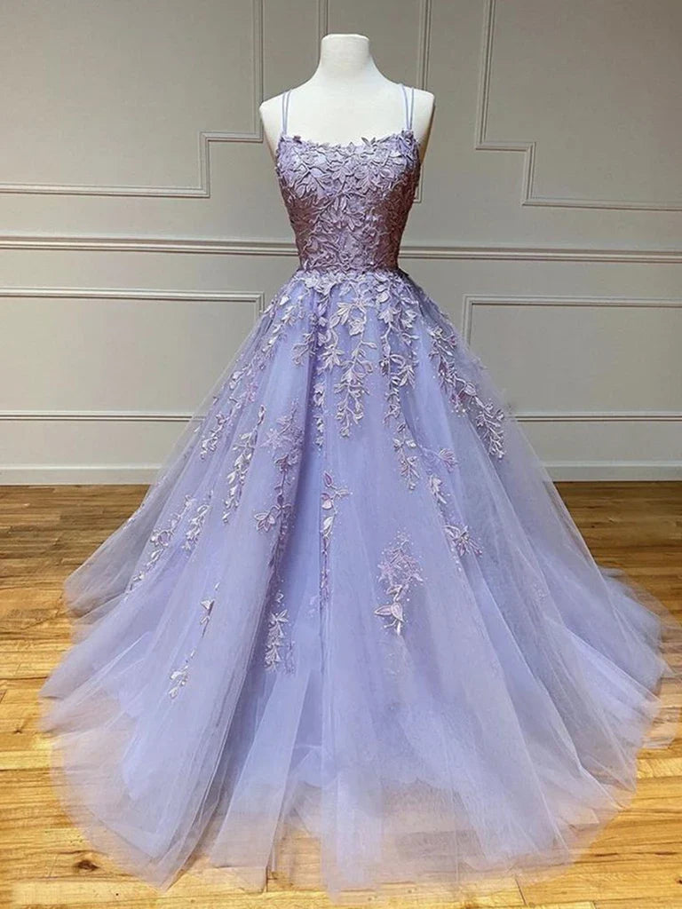 A-line Backless Lace Long Prom Dresses Formal Graduation Evening Dresses