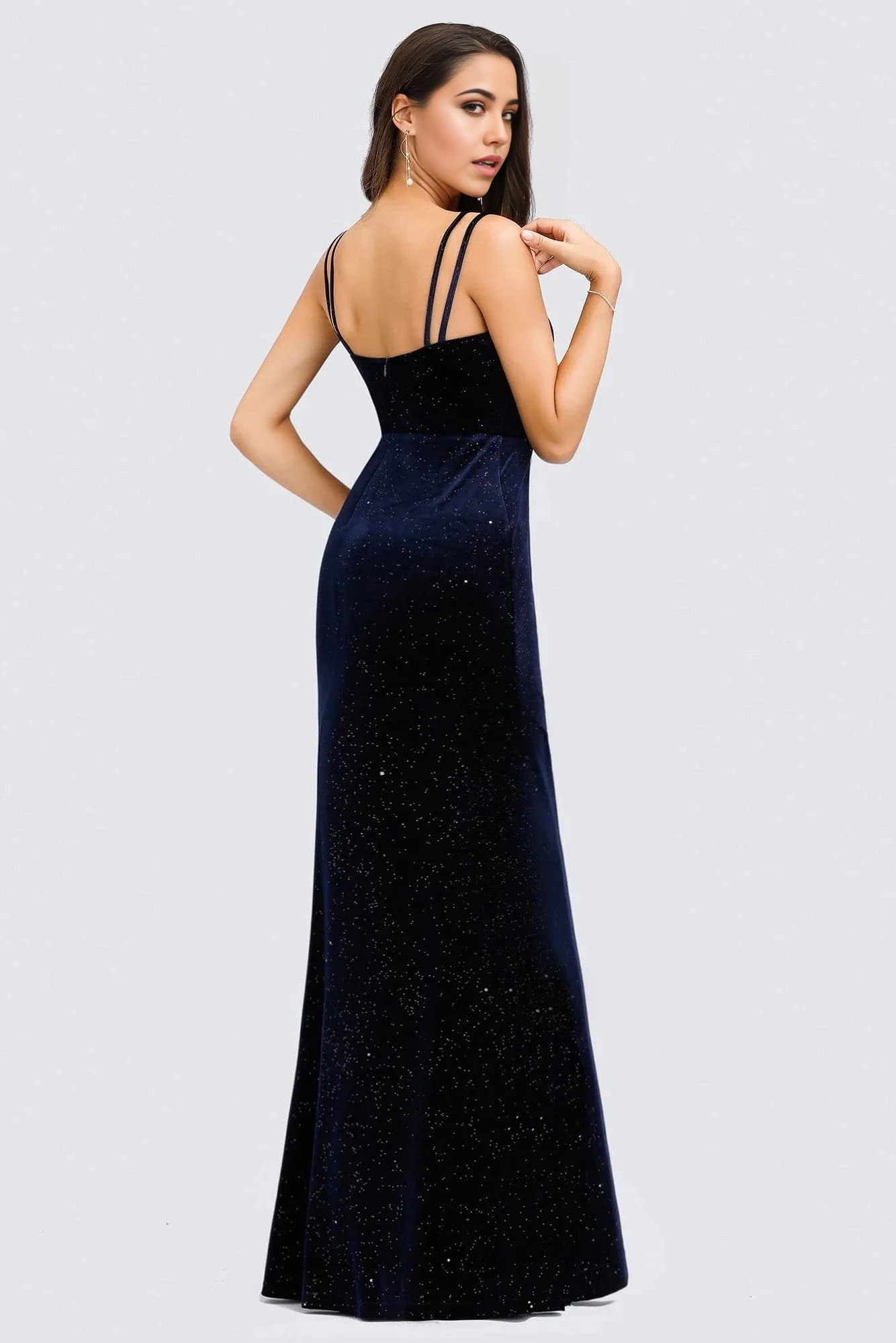 Mermaid V-Neck Spaghetti Straps Velvet Dark Navy Blue Evening Dress Prom Dresses