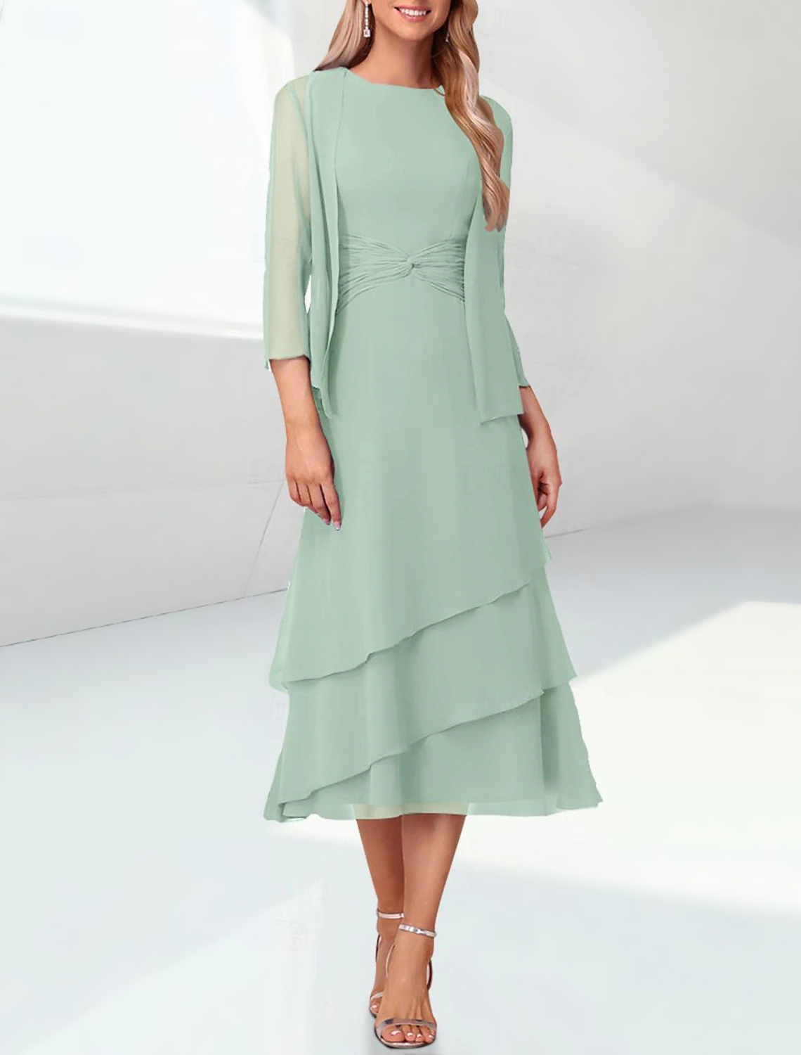 Sheath / Column Mother of the Bride Dress Elegant Jewel Neck Tea Length Chiffon 3/4 Length Sleeve Wrap Included with Ruching free custom size