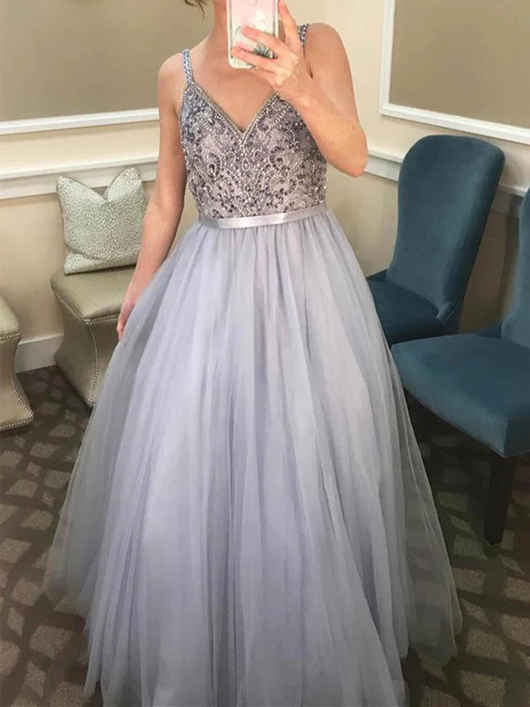 A-line V Neck Tulle Beads Long Prom Dress Evening Dress