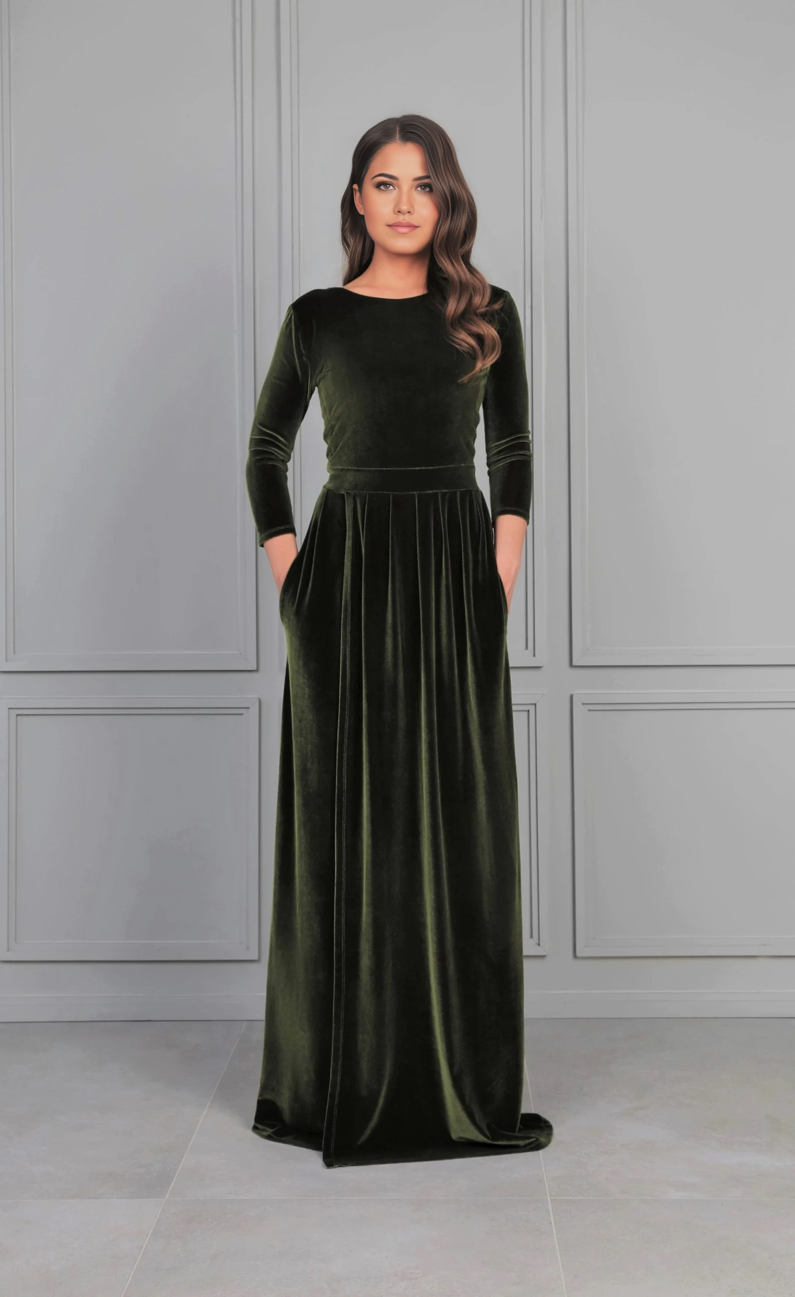 A-line Velvet Crew Neck Back V Long Sleeve Bridesmaid Dress Formal Dresses for Wedding Guest Cocktail Dress Mother of the Bride Dresses