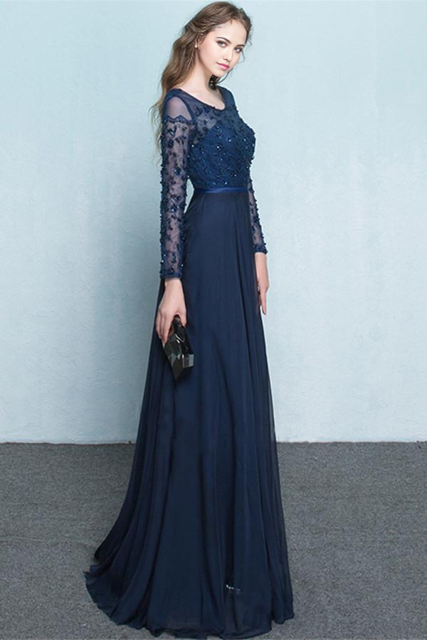 A-line Scoop Chiffon Neck Long Sleeves Beading formal dresses Evening Dress Prom Dress