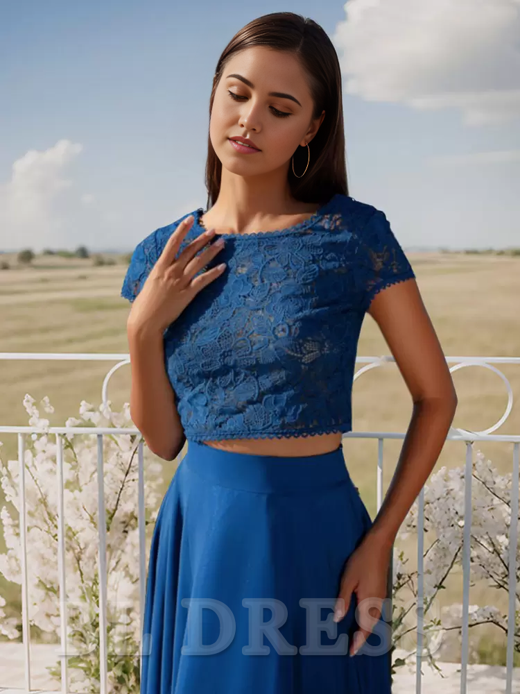 Two-piece Round Neck Short Sleeve Lace Blue formal dress evening gown Prom Dresses