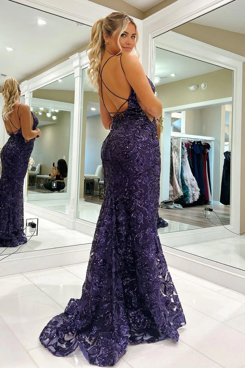 Mermaid Charming V Neck Purple Sequins Long Prom Dresses