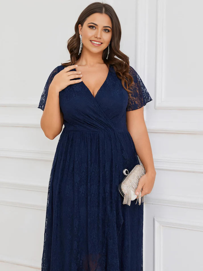 Plus Size A-line V Neck Ruffles Sleeves Pleated Loose Lace High Low formal dresses Bridesmaid Dresses evening gown Prom Dress