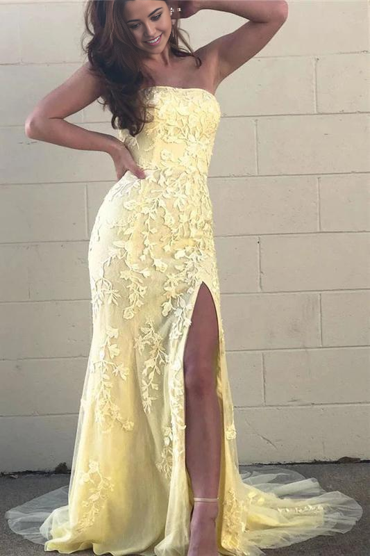 Mermaid Strapless Lace Appliques Yellow evening gown Prom Dresses with Slit