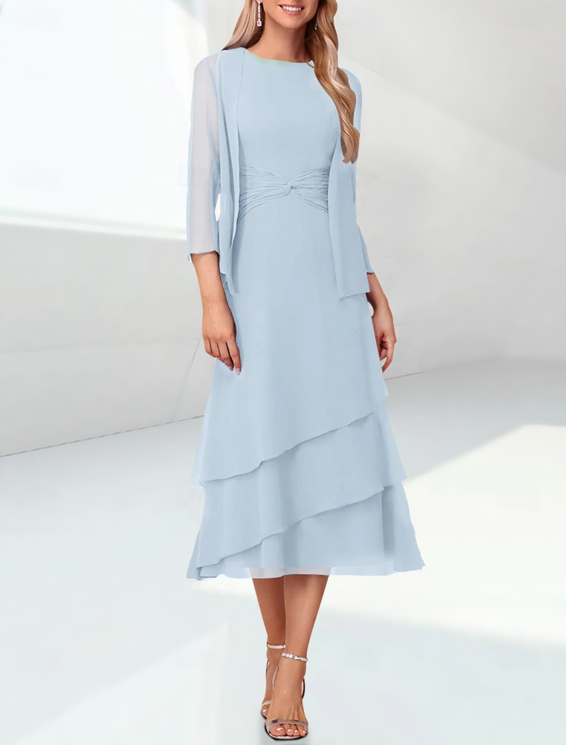 Sheath / Column Mother of the Bride Dress Elegant Jewel Neck Tea Length Chiffon 3/4 Length Sleeve Wrap Included with Ruching free custom size