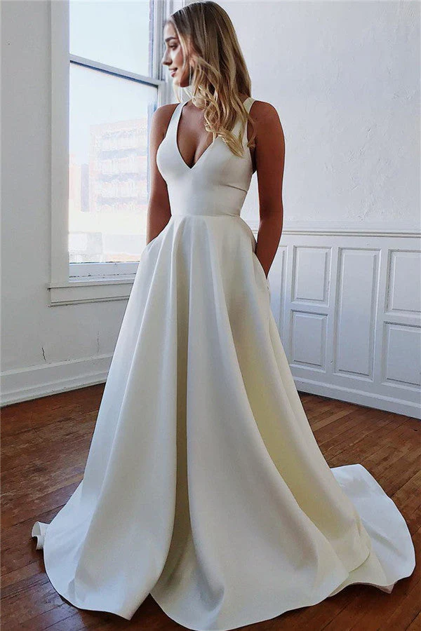 A-line Straps Bow Backless Long Wedding Dresses with Pockets