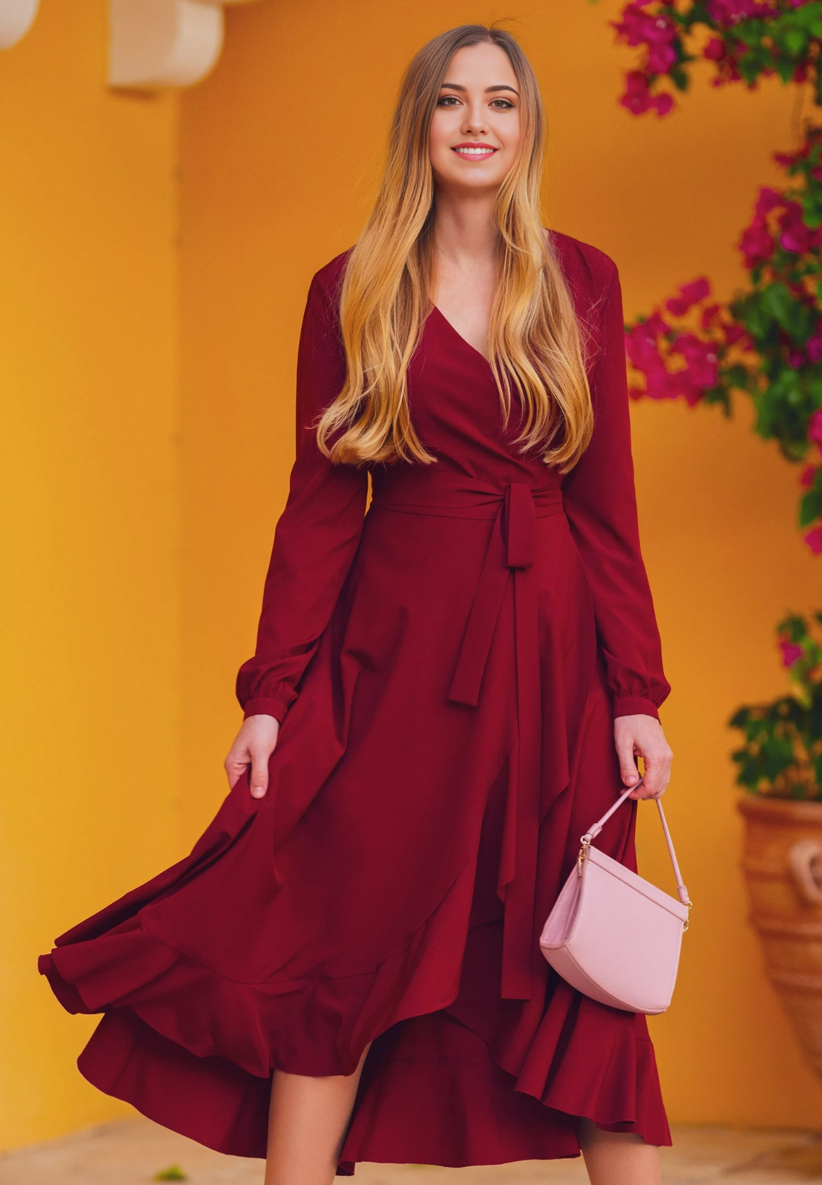 A-line V-Neck Tea Length Long Sleeve Cocktail Dress Bridesmaid Dress Formal Dresses for Wedding Guest Mother of the Bride Dresses