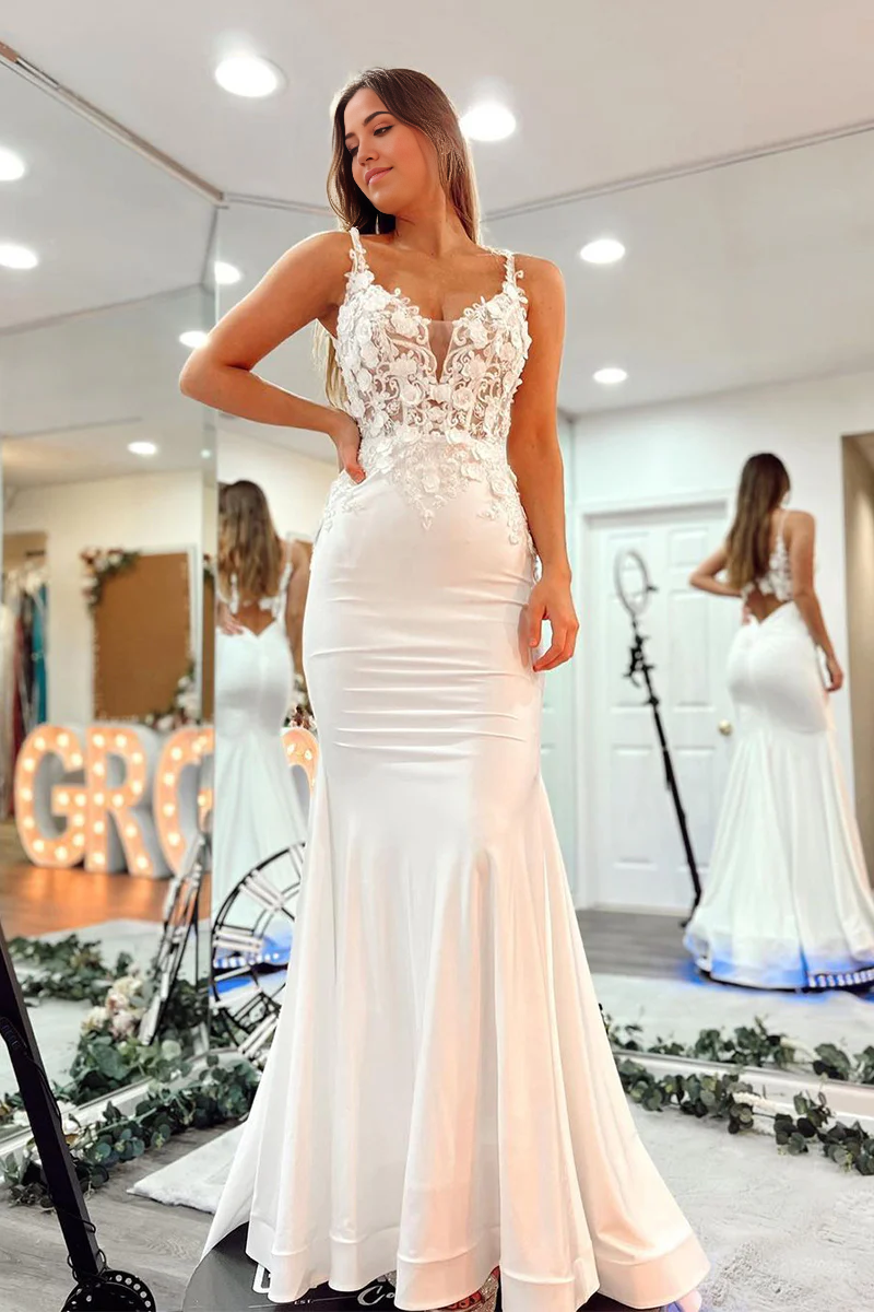 Mermaid V Neck White Satin Prom Dresses Evening Dresses with Appliques