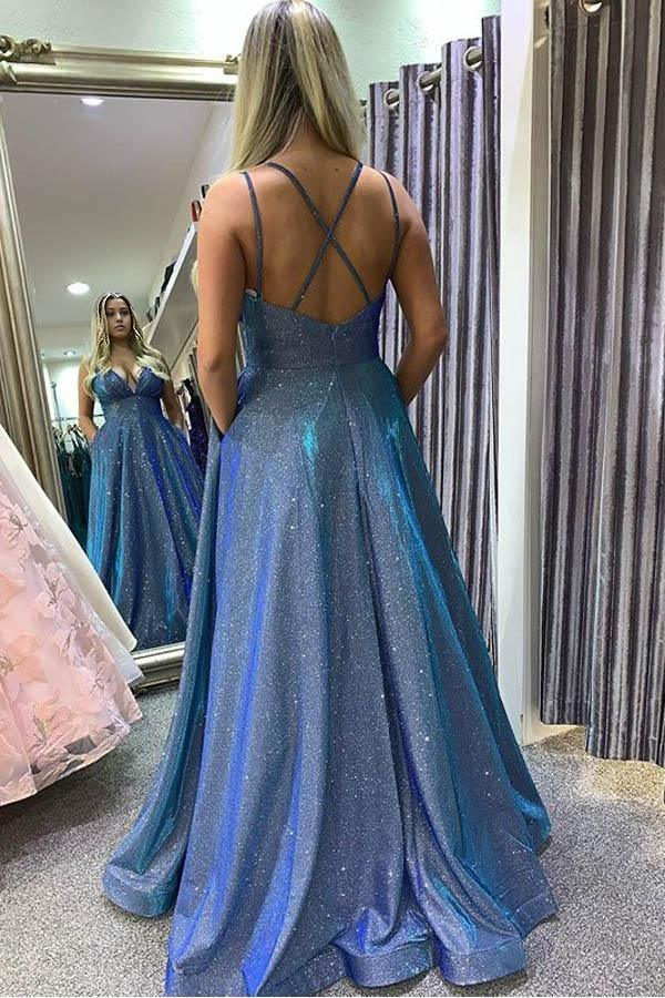 A Line Hot Sexy Spaghetti Straps Blue Long Prom Dresses Evening Dresses