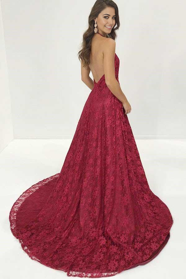 A-Line Halter Sweep Train Lace Red Prom Dress with Split