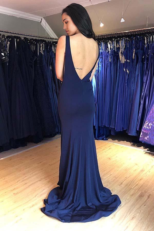Mermaid Bateau Backless Sweep Train Navy Blue Prom Dresses Evening Dress