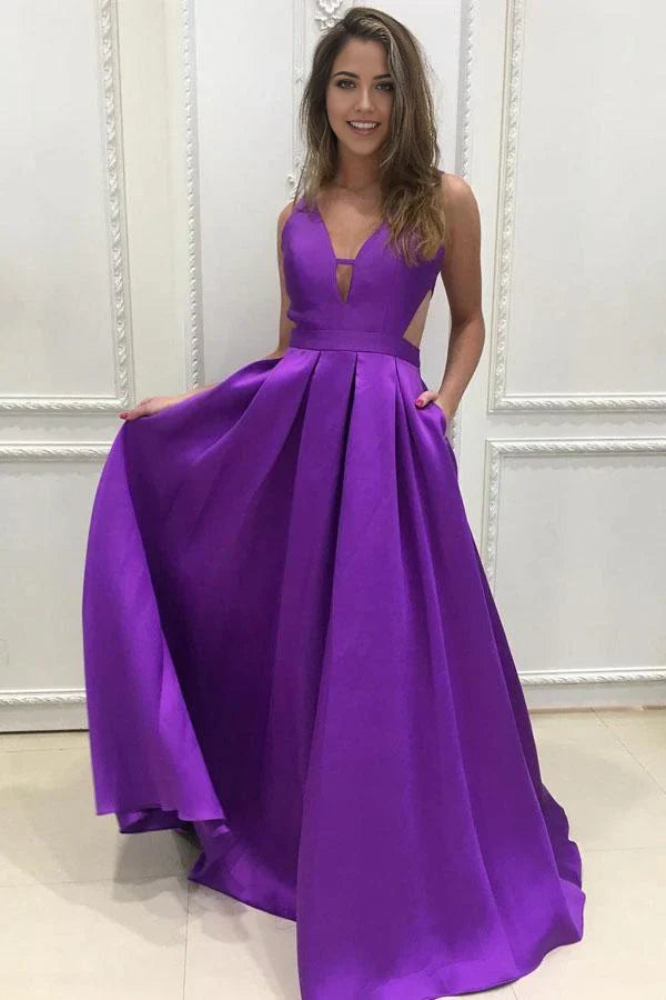 A-line V-neck Simple Satin Long Prom Dresses Bridesmaid Dress