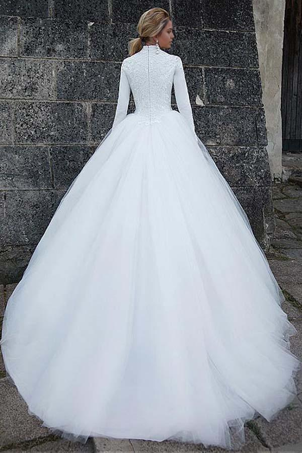 A-line Vintage Satin High Collar Natural Waistline Ball Gown Wedding Dress