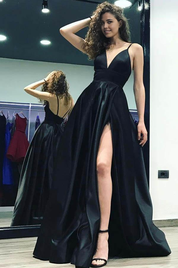 A-line Deep V-Neck Black Sweep Train Satin Backless Split Side Prom Dress