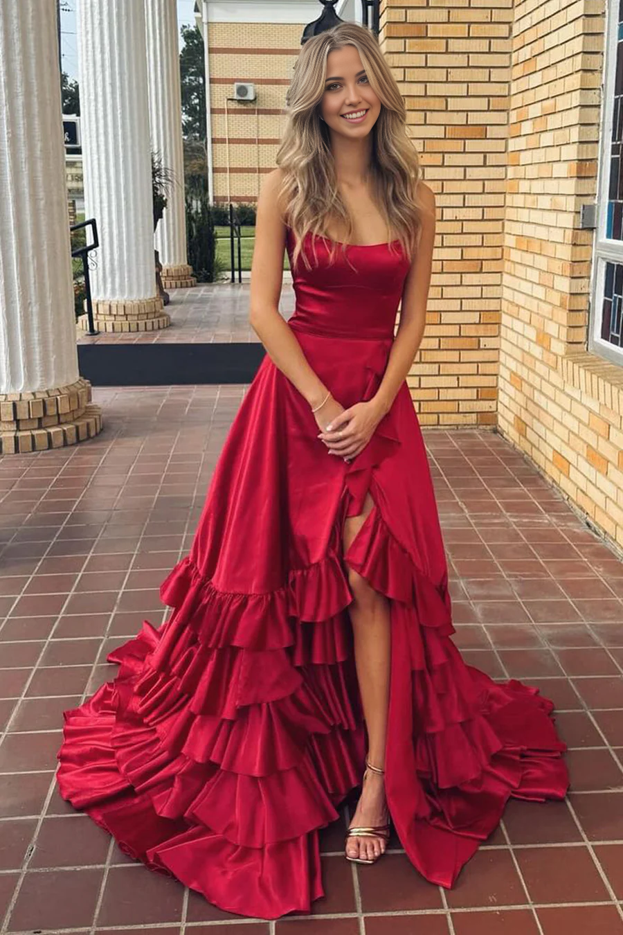 A Line Scoop Neck Red Satin formal dress Prom Dresses evening gown with Slit