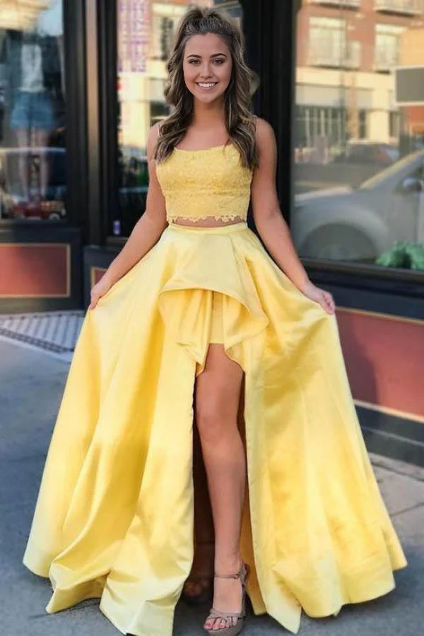 Two Piece A-Line Lace Straps Yellow Satin Prom Dress With Split